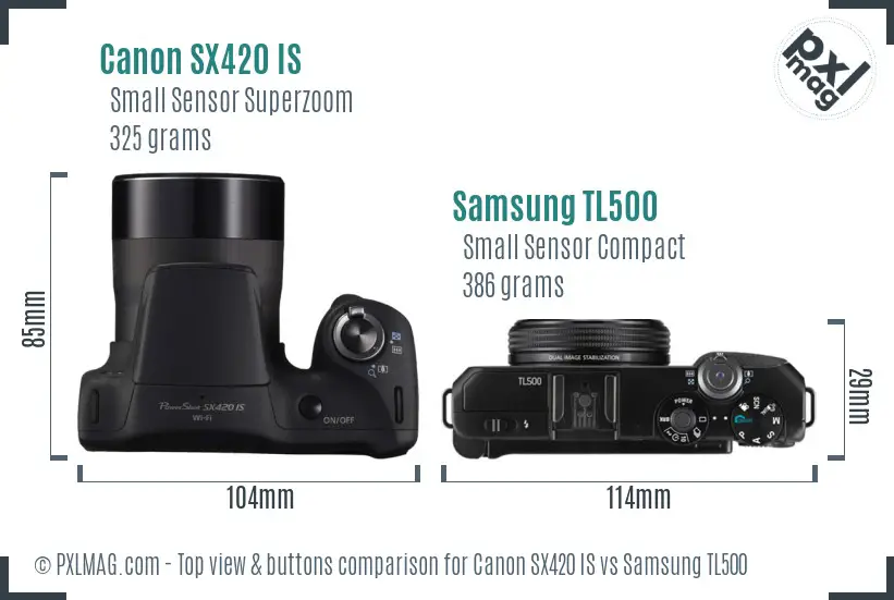 Canon SX420 IS vs Samsung TL500 top view buttons comparison