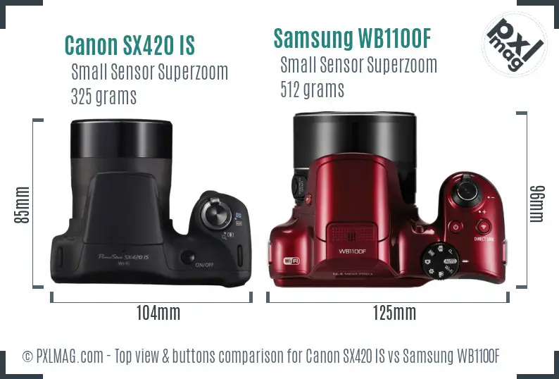 Canon SX420 IS vs Samsung WB1100F top view buttons comparison
