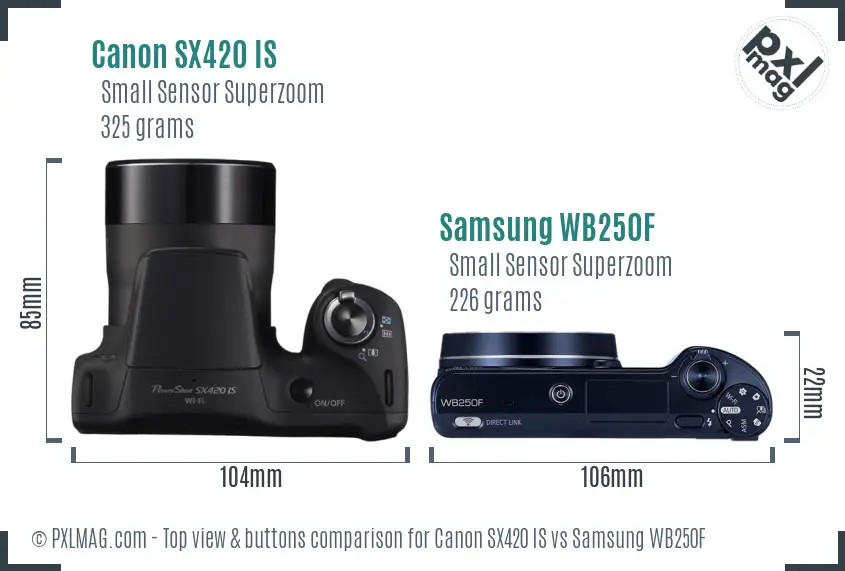 Canon SX420 IS vs Samsung WB250F top view buttons comparison