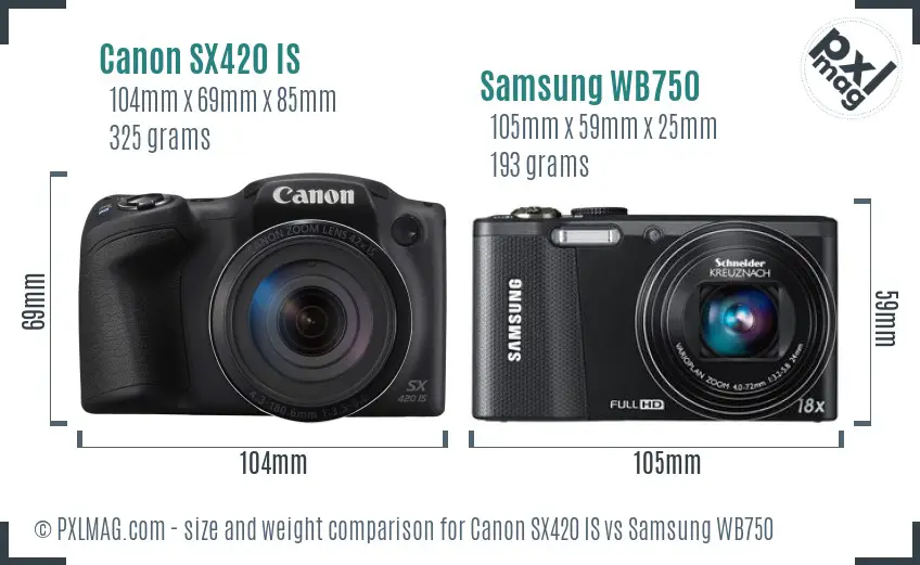 Canon SX420 IS vs Samsung WB750 size comparison