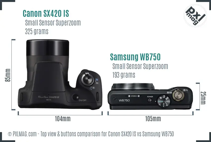 Canon SX420 IS vs Samsung WB750 top view buttons comparison
