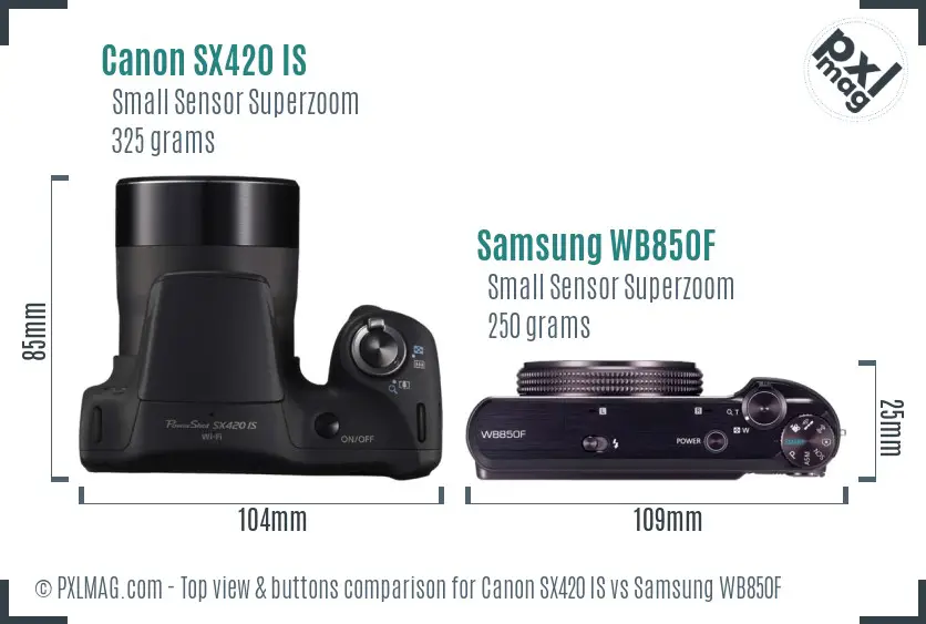 Canon SX420 IS vs Samsung WB850F top view buttons comparison