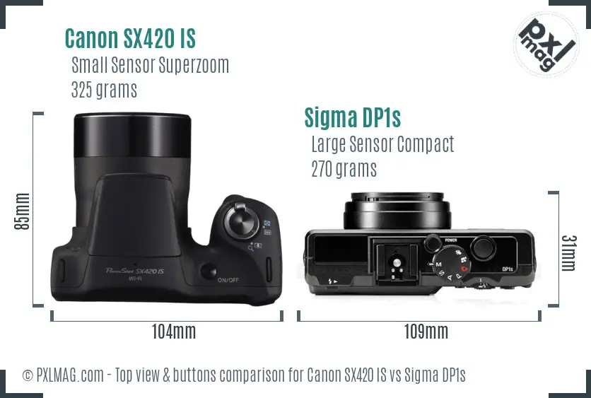Canon SX420 IS vs Sigma DP1s top view buttons comparison Canon SX420 IS vs Sigma DP1s top view buttons comparison