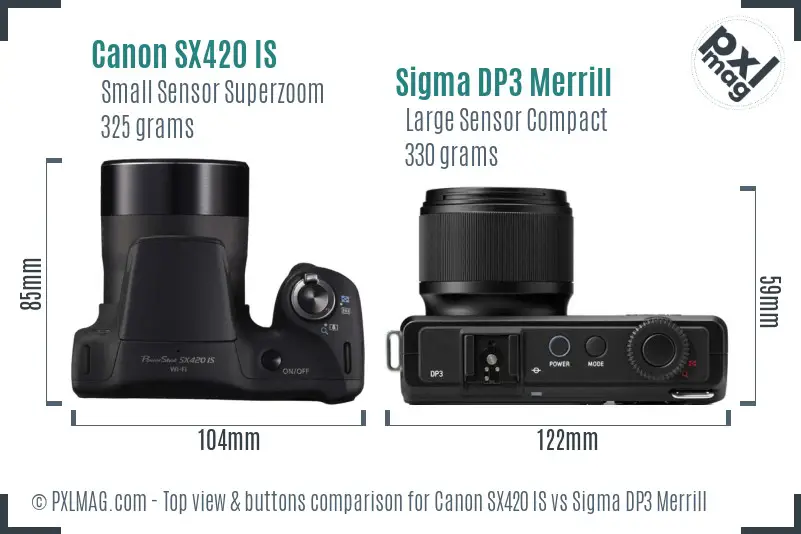 Canon SX420 IS vs Sigma DP3 Merrill top view buttons comparison