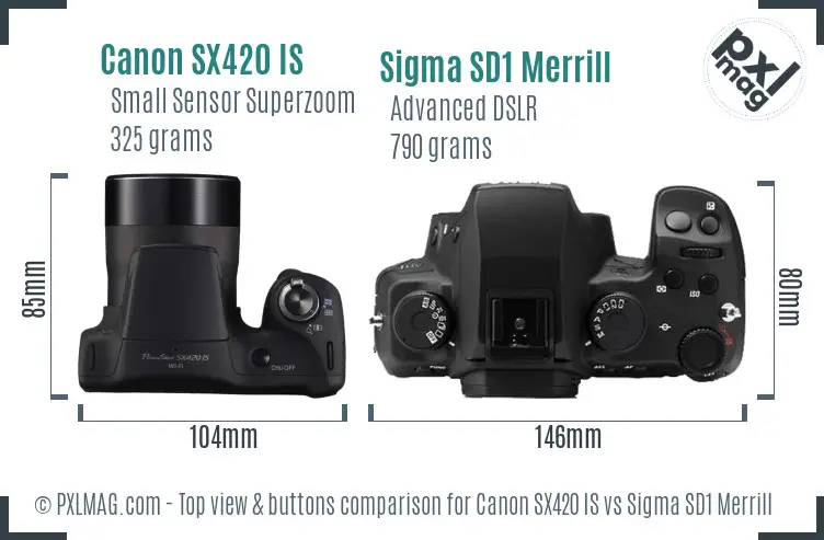 Canon SX420 IS vs Sigma SD1 Merrill top view buttons comparison Canon SX420 IS vs Sigma SD1 Merrill top view buttons comparison