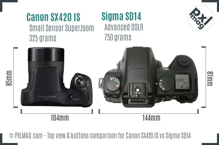 Canon SX420 IS vs Sigma SD14 top view buttons comparison Canon SX420 IS vs Sigma SD14 top view buttons comparison