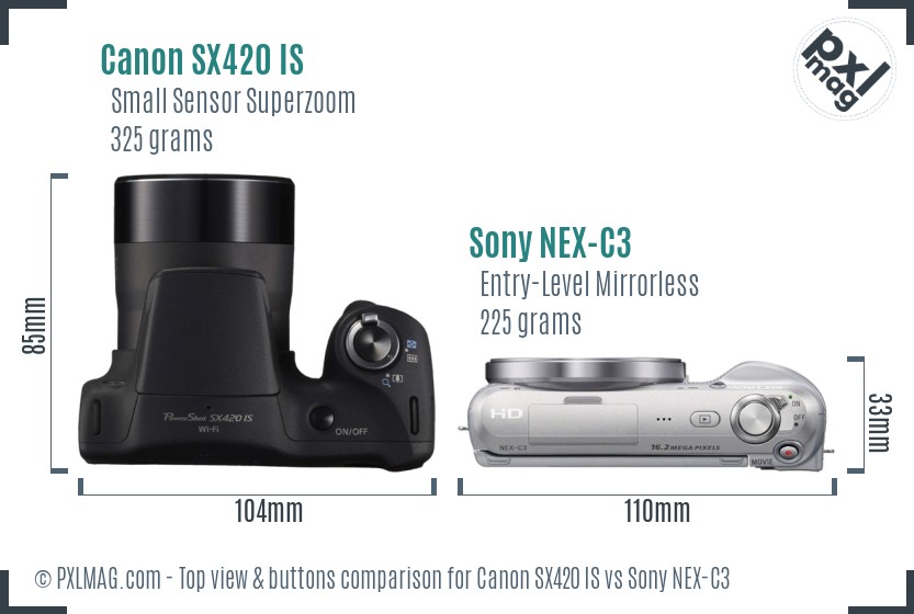 Canon SX420 IS vs Sony NEX-C3 top view buttons comparison