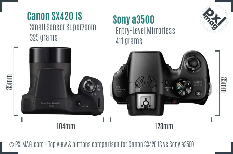 Canon SX420 IS vs Sony a3500 top view buttons comparison