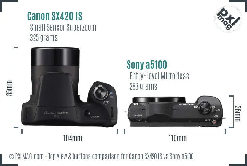 Canon SX420 IS vs Sony a5100 top view buttons comparison