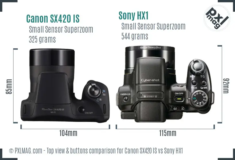 Canon SX420 IS vs Sony HX1 top view buttons comparison
