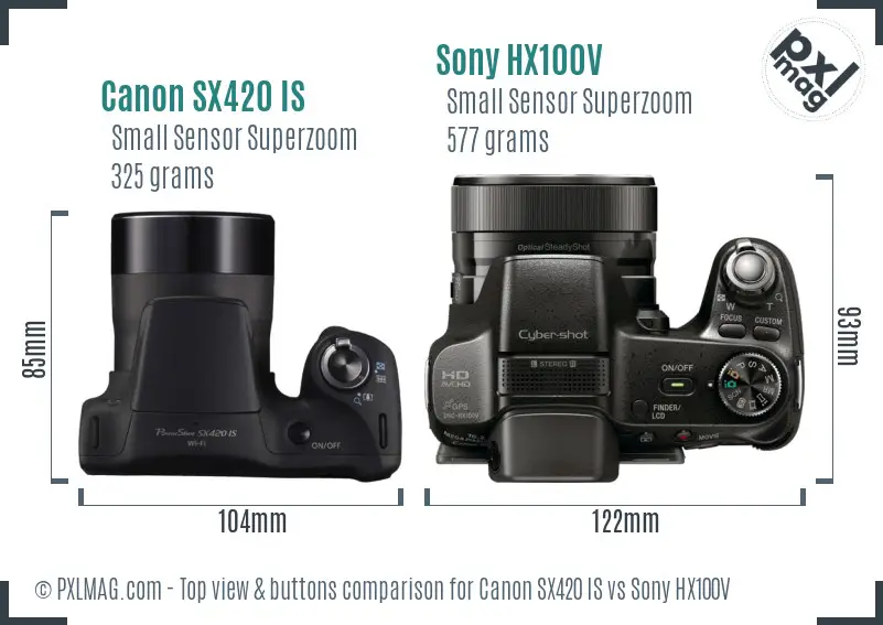 Canon SX420 IS vs Sony HX100V top view buttons comparison Canon SX420 IS vs Sony HX100V top view buttons comparison