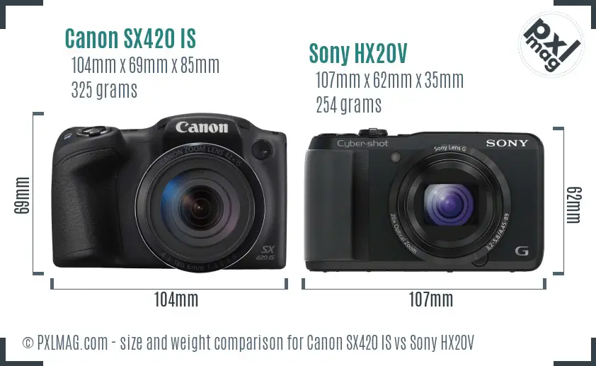 Canon SX420 IS vs Sony HX20V size comparison