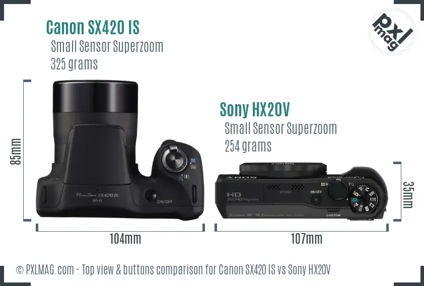 Canon SX420 IS vs Sony HX20V top view buttons comparison