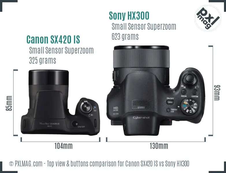 Canon SX420 IS vs Sony HX300 top view buttons comparison