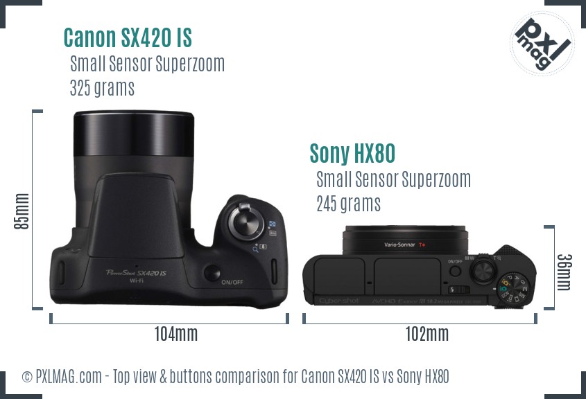 Canon SX420 IS vs Sony HX80 top view buttons comparison
