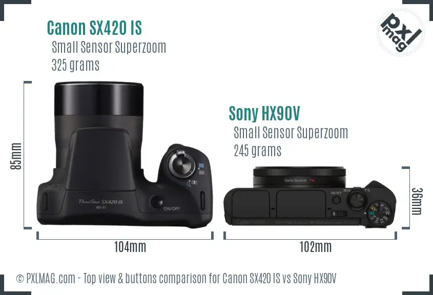 Canon SX420 IS vs Sony HX90V top view buttons comparison Canon SX420 IS vs Sony HX90V top view buttons comparison