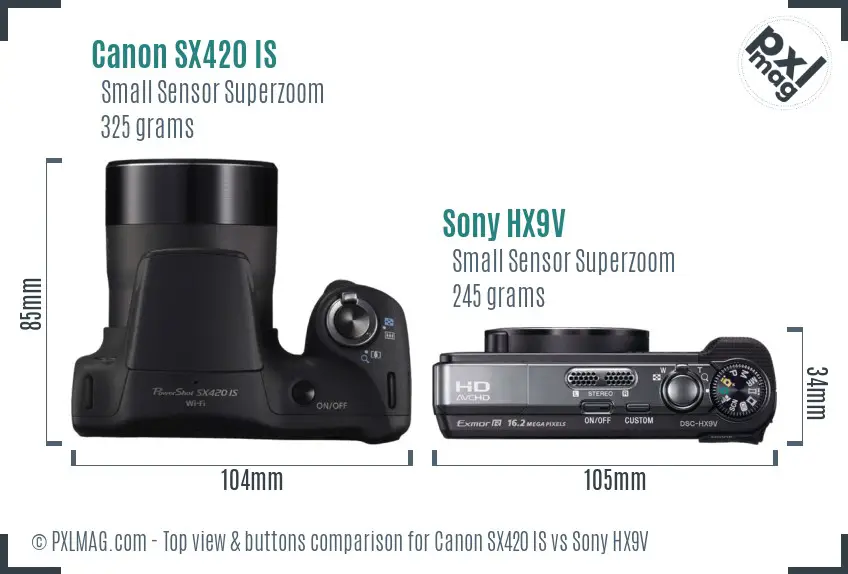 Canon SX420 IS vs Sony HX9V top view buttons comparison