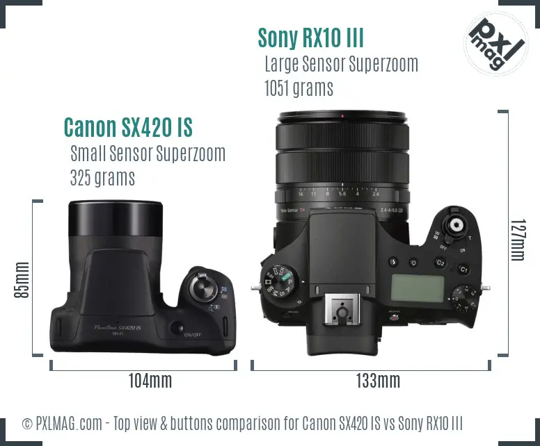 Canon SX420 IS vs Sony RX10 III top view buttons comparison
