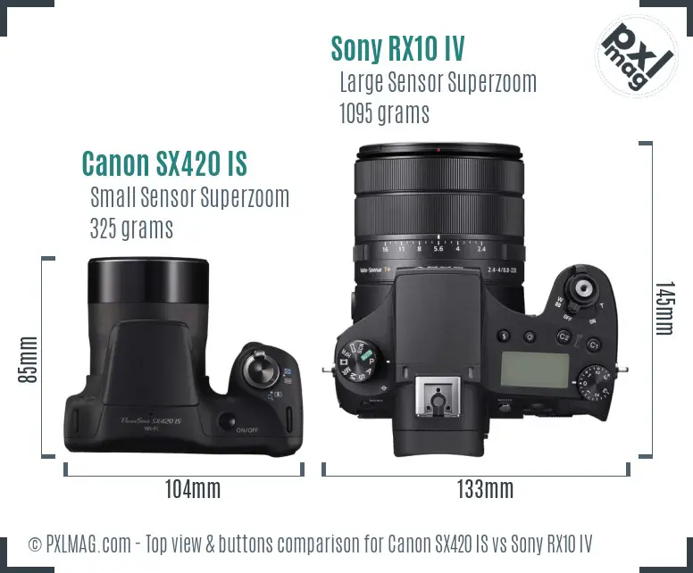 Canon SX420 IS vs Sony RX10 IV top view buttons comparison