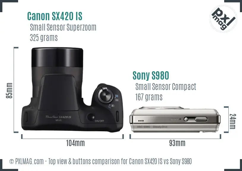 Canon SX420 IS vs Sony S980 top view buttons comparison