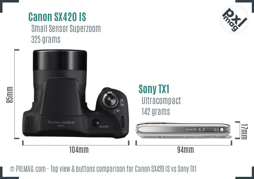 Canon SX420 IS vs Sony TX1 top view buttons comparison Canon SX420 IS vs Sony TX1 top view buttons comparison