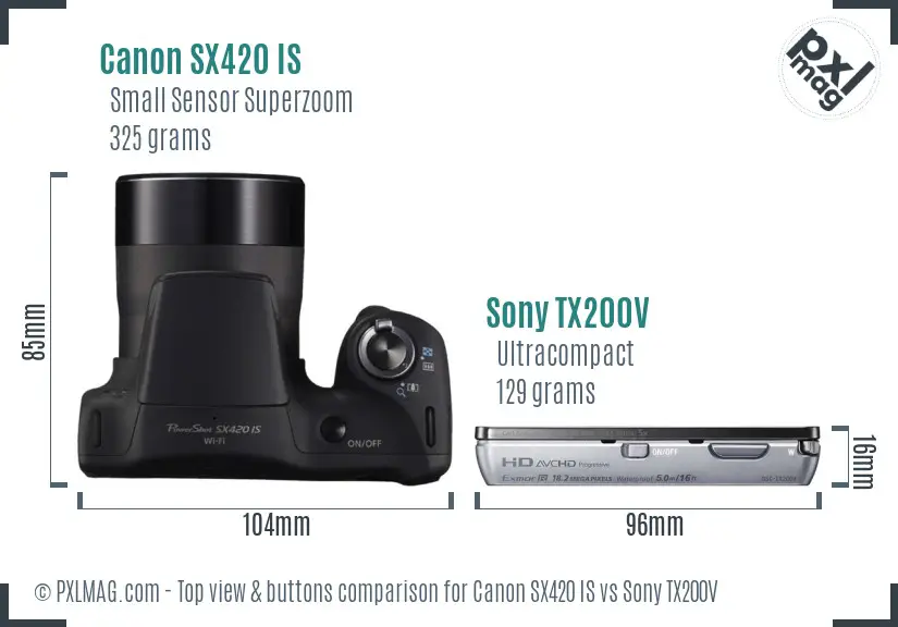 Canon SX420 IS vs Sony TX200V top view buttons comparison Canon SX420 IS vs Sony TX200V top view buttons comparison