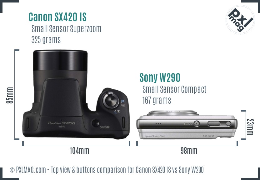 Canon SX420 IS vs Sony W290 top view buttons comparison