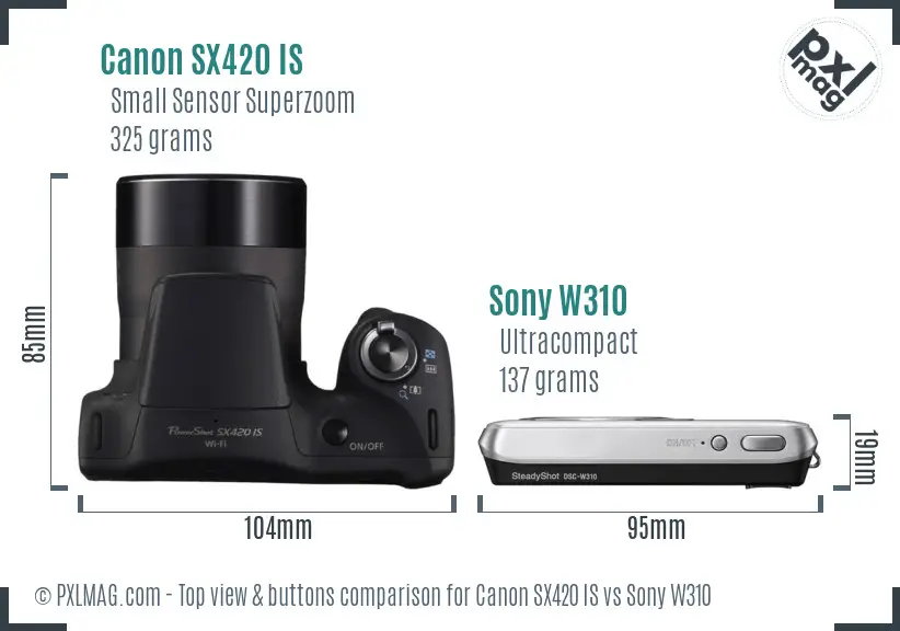 Canon SX420 IS vs Sony W310 top view buttons comparison