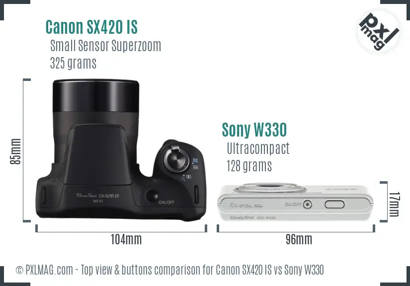 Canon SX420 IS vs Sony W330 top view buttons comparison