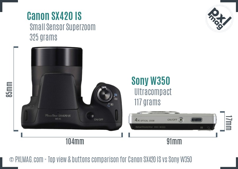 Canon SX420 IS vs Sony W350 top view buttons comparison