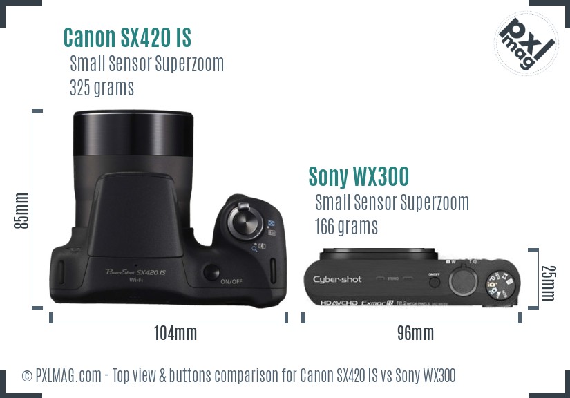 Canon SX420 IS vs Sony WX300 top view buttons comparison