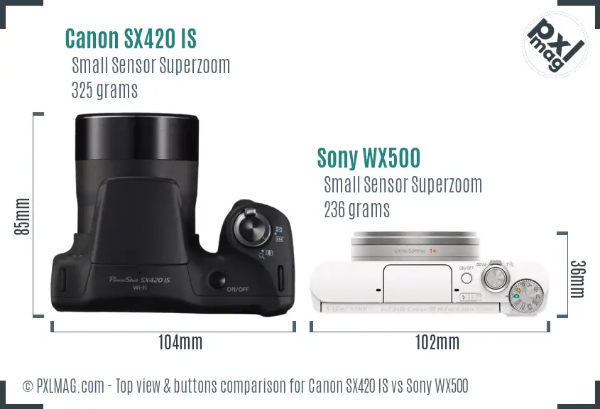 Canon SX420 IS vs Sony WX500 top view buttons comparison Canon SX420 IS vs Sony WX500 top view buttons comparison