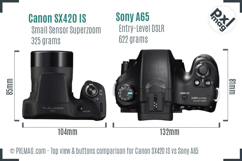 Canon SX420 IS vs Sony A65 top view buttons comparison Canon SX420 IS vs Sony A65 top view buttons comparison