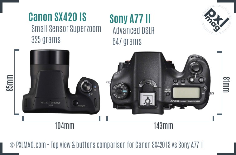 Canon SX420 IS vs Sony A77 II top view buttons comparison