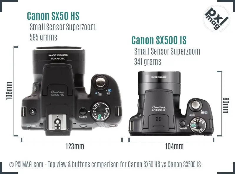 Canon SX50 HS vs Canon SX500 IS top view buttons comparison