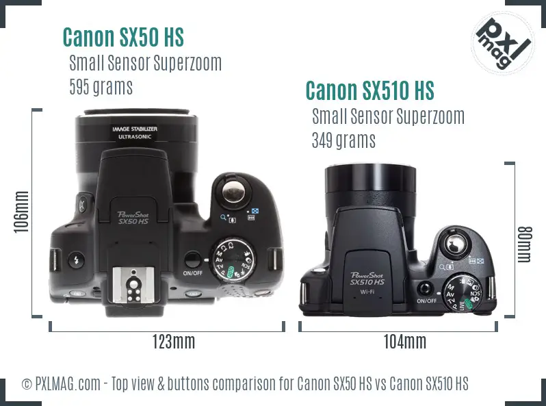 Canon SX50 HS vs Canon SX510 HS top view buttons comparison