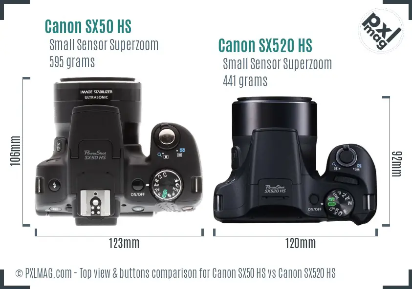 Canon SX50 HS vs Canon SX520 HS top view buttons comparison
