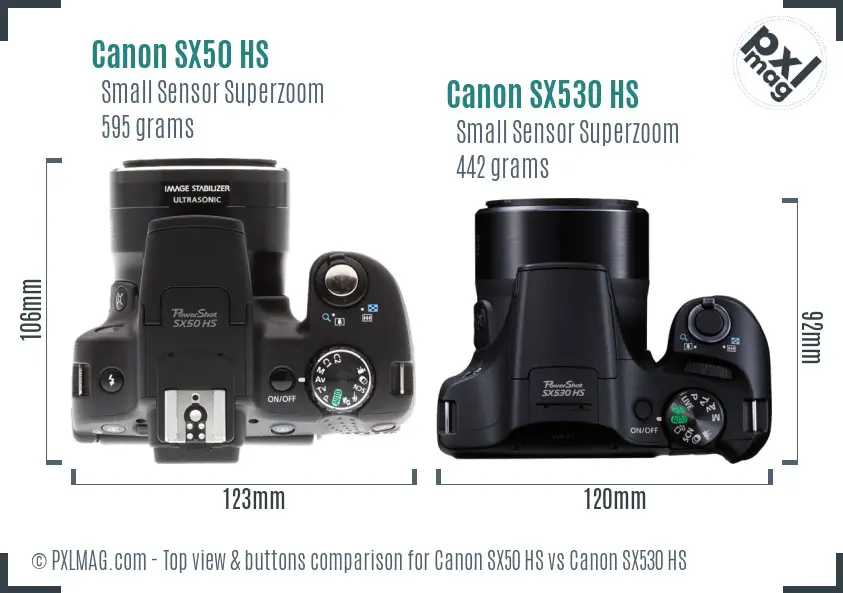 Canon SX50 HS vs Canon SX530 HS top view buttons comparison