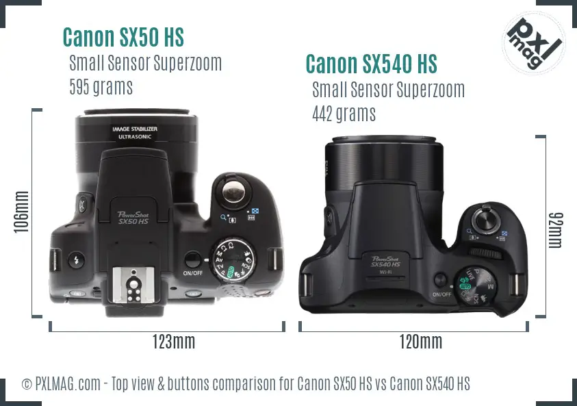 Canon SX50 HS vs Canon SX540 HS top view buttons comparison