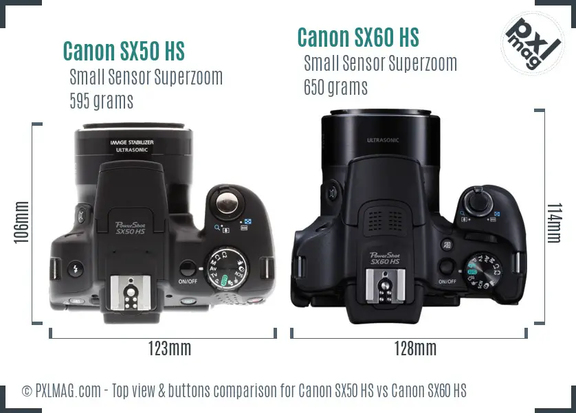 Canon SX50 HS vs Canon SX60 HS top view buttons comparison
