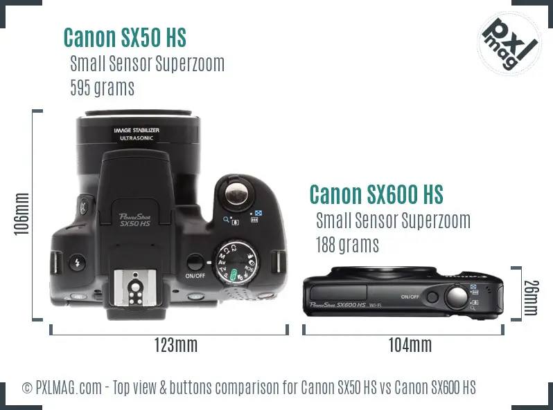 Canon SX50 HS vs Canon SX600 HS top view buttons comparison