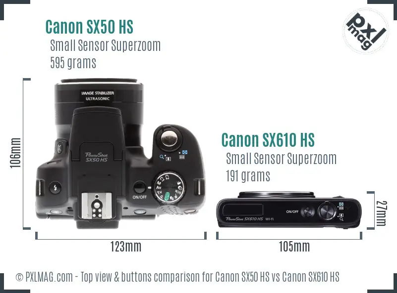 Canon SX50 HS vs Canon SX610 HS top view buttons comparison