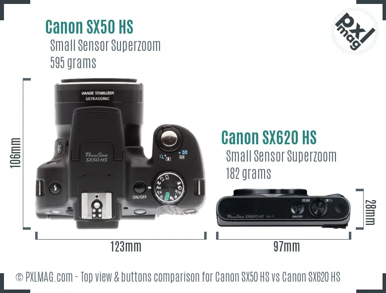 Canon SX50 HS vs Canon SX620 HS top view buttons comparison