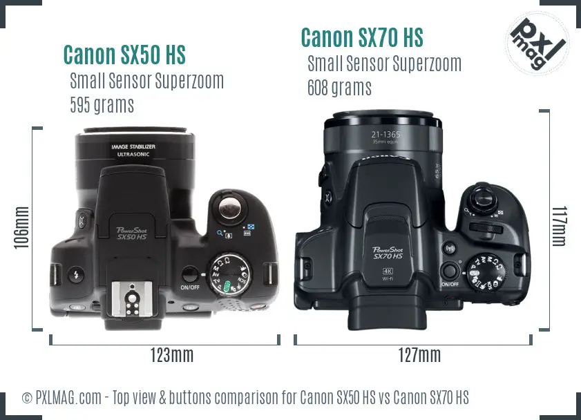 Canon SX50 HS vs Canon SX70 HS top view buttons comparison