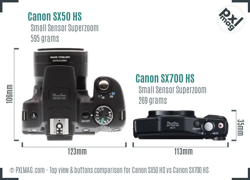 Canon SX50 HS vs Canon SX700 HS top view buttons comparison