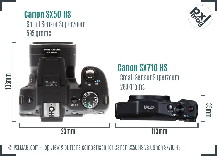 Canon SX50 HS vs Canon SX710 HS top view buttons comparison
