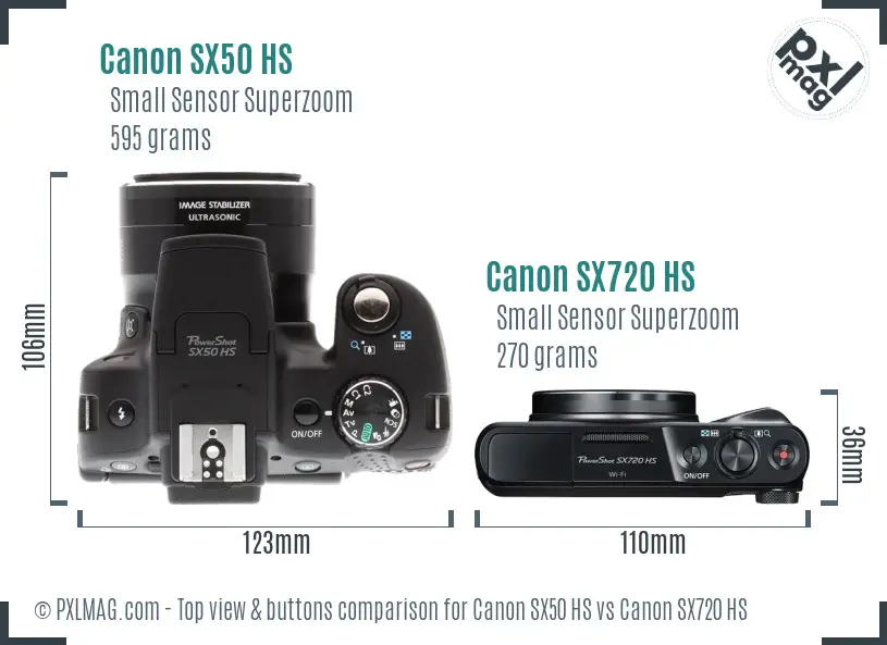 Canon SX50 HS vs Canon SX720 HS top view buttons comparison