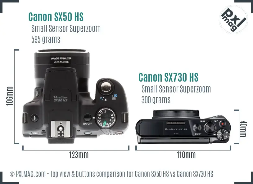 Canon SX50 HS vs Canon SX730 HS top view buttons comparison