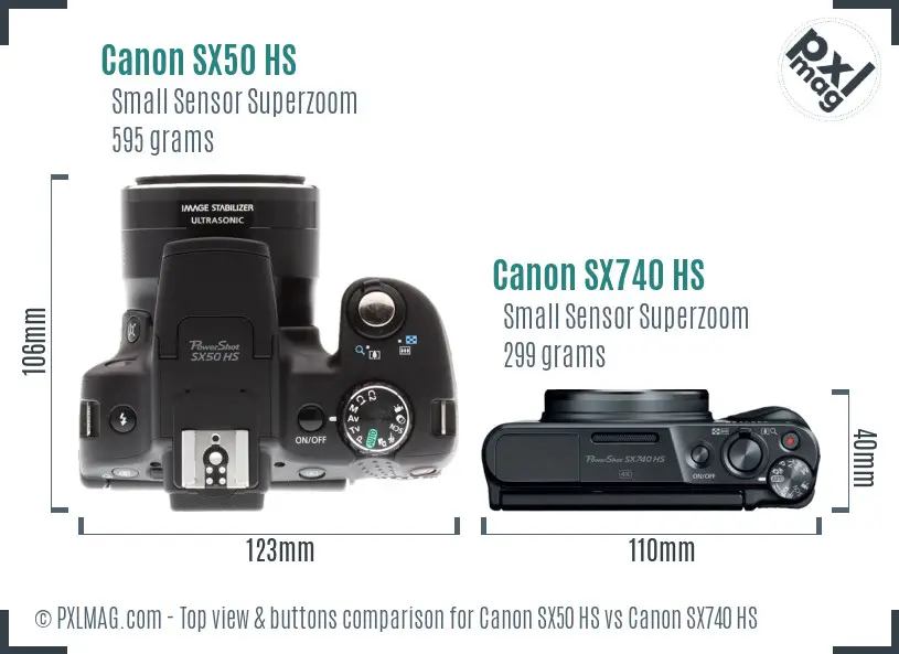 Canon SX50 HS vs Canon SX740 HS top view buttons comparison