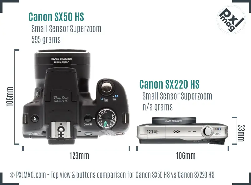 Canon SX50 HS vs Canon SX220 HS top view buttons comparison